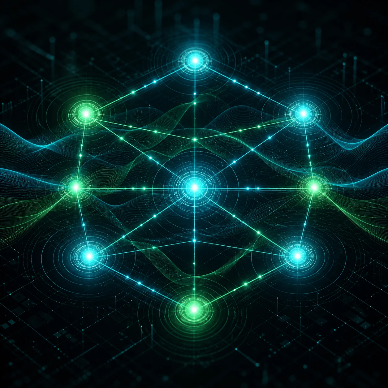 Nine Nodeのシアンとグリーンのネットワークノードビジュアル
